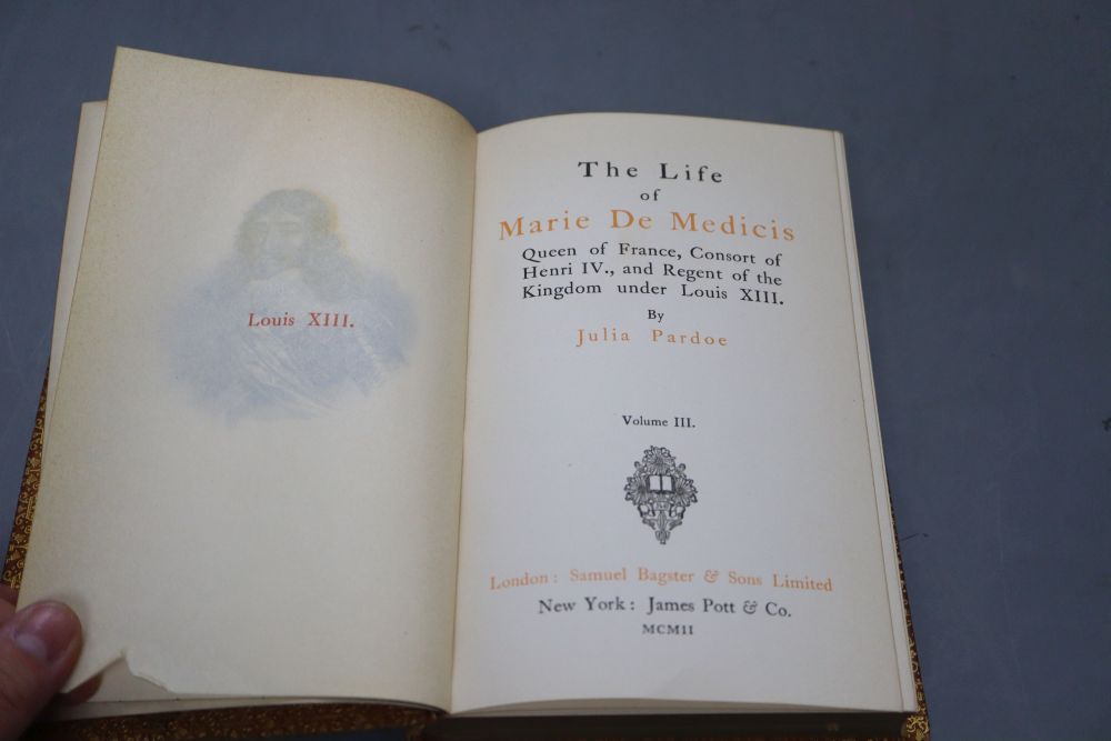 Nine leather-bound historical volumes by Julia Pardoe (some ex-libris William E Cain) and Scotts Waverley Novels,